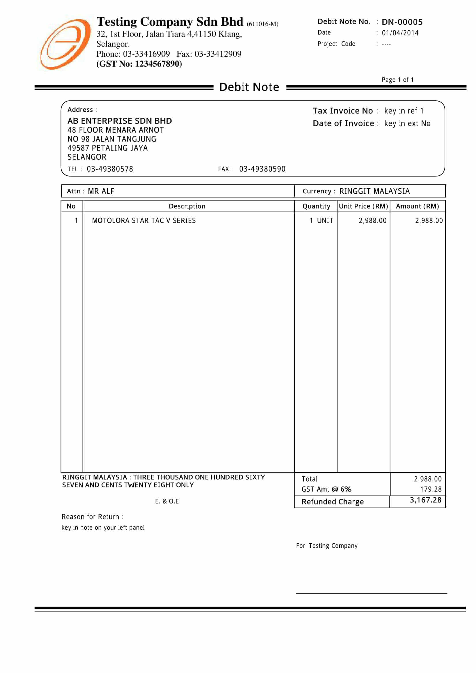 01 Sales Debit Note GST E Stream MSC